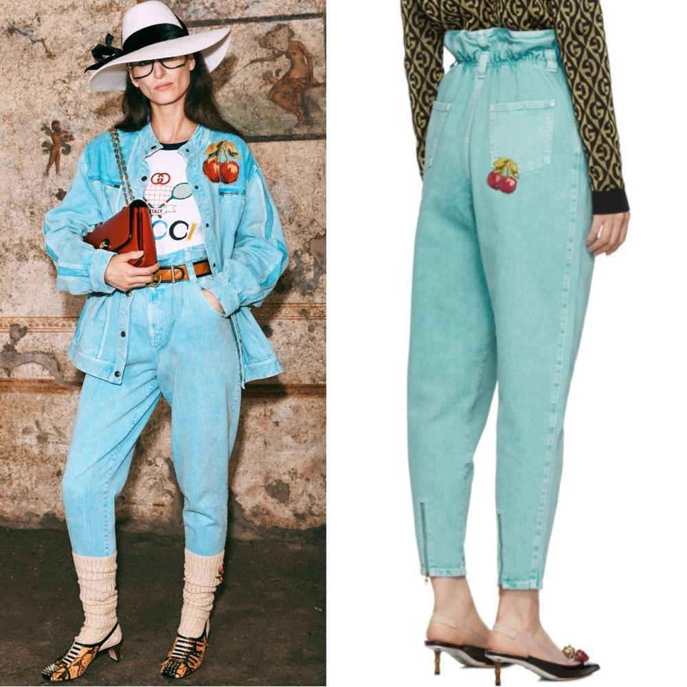 Gucci Embroidered Cherry Patch Tapered High Rise Jeans Size 24 NWT Denim Blue